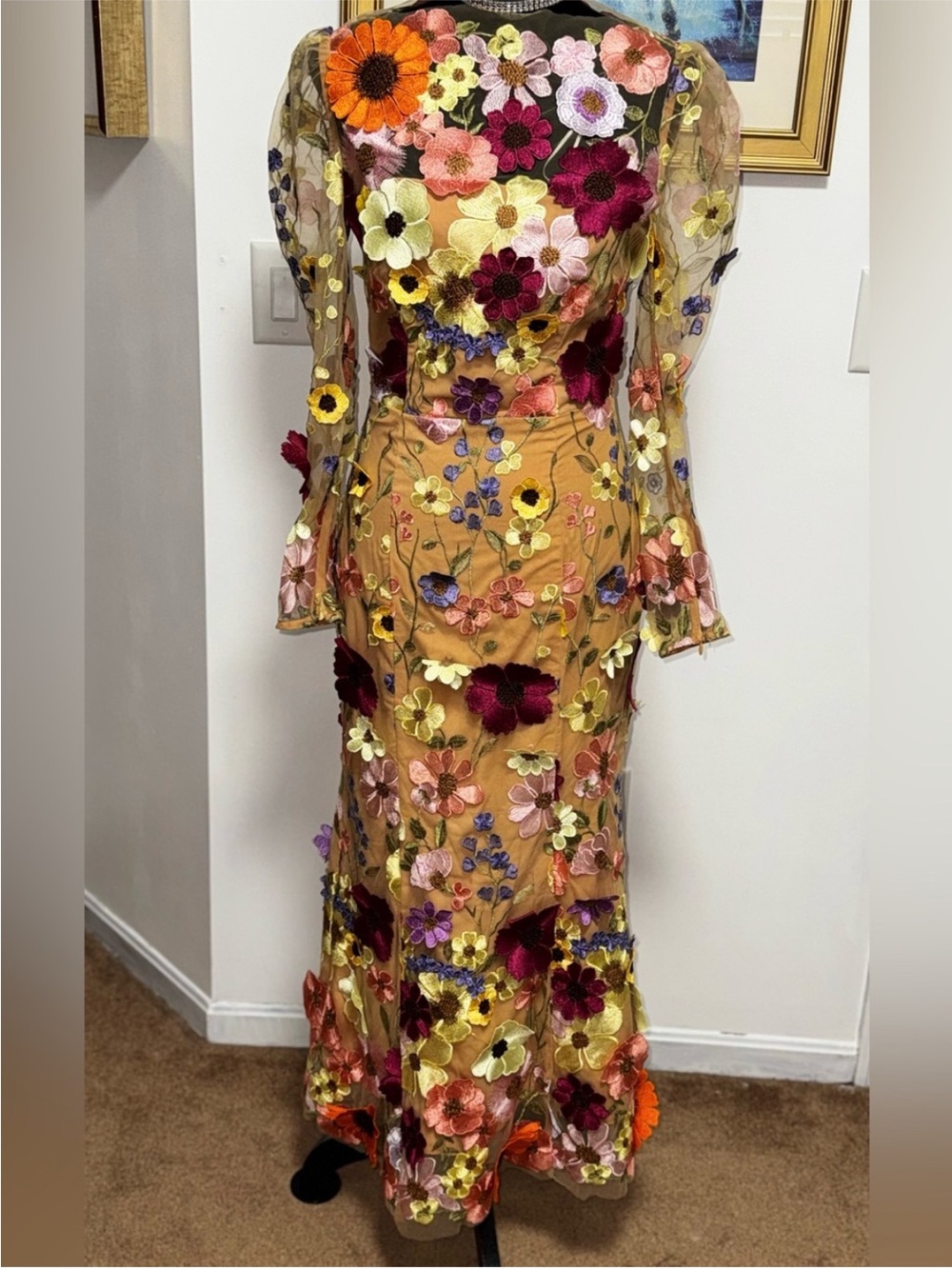 Floral Appliqué Sheer Long-Sleeve Midi Dress - Multi - Picture 9 of 11